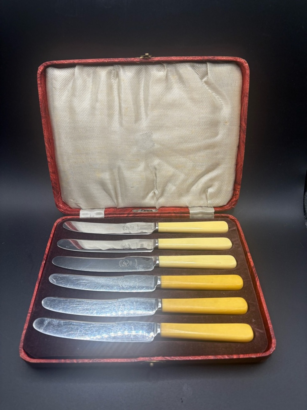 Vintage Sheffield England Dessert Knife Set 6 Ivory Bakelite MCM Case Gift